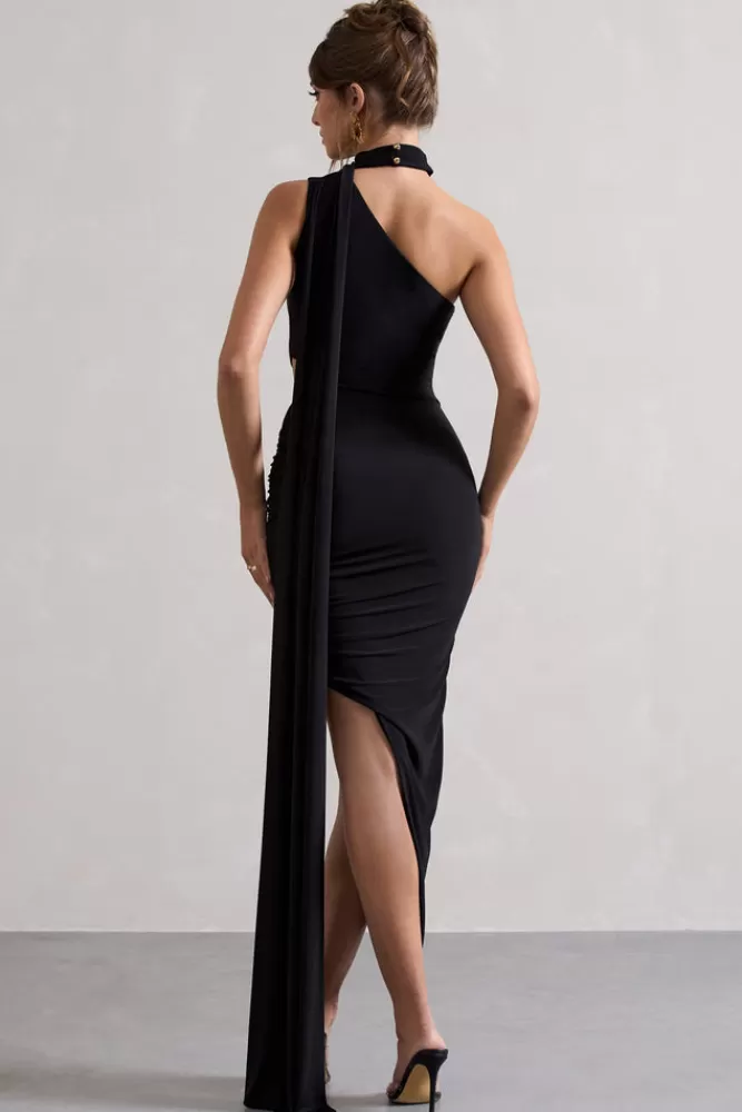 Club L London Icon | One Shoulder Cut-Out Maxi Dress With Scarf BLACK Discount