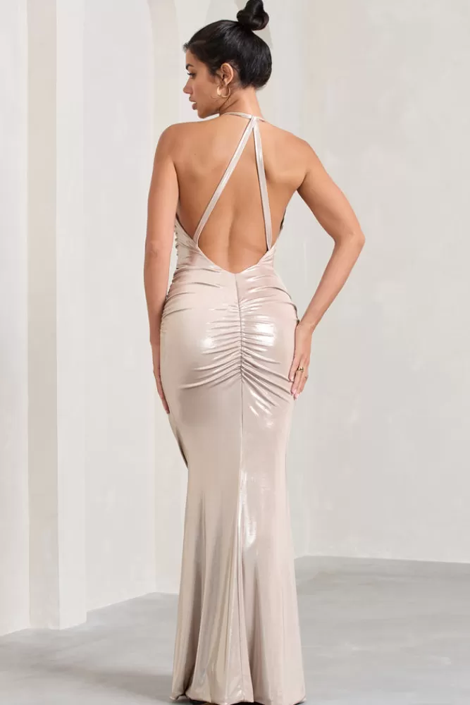 Club L London Idol | Metallic Halter-Neck Split Maxi Dress GOLD Discount