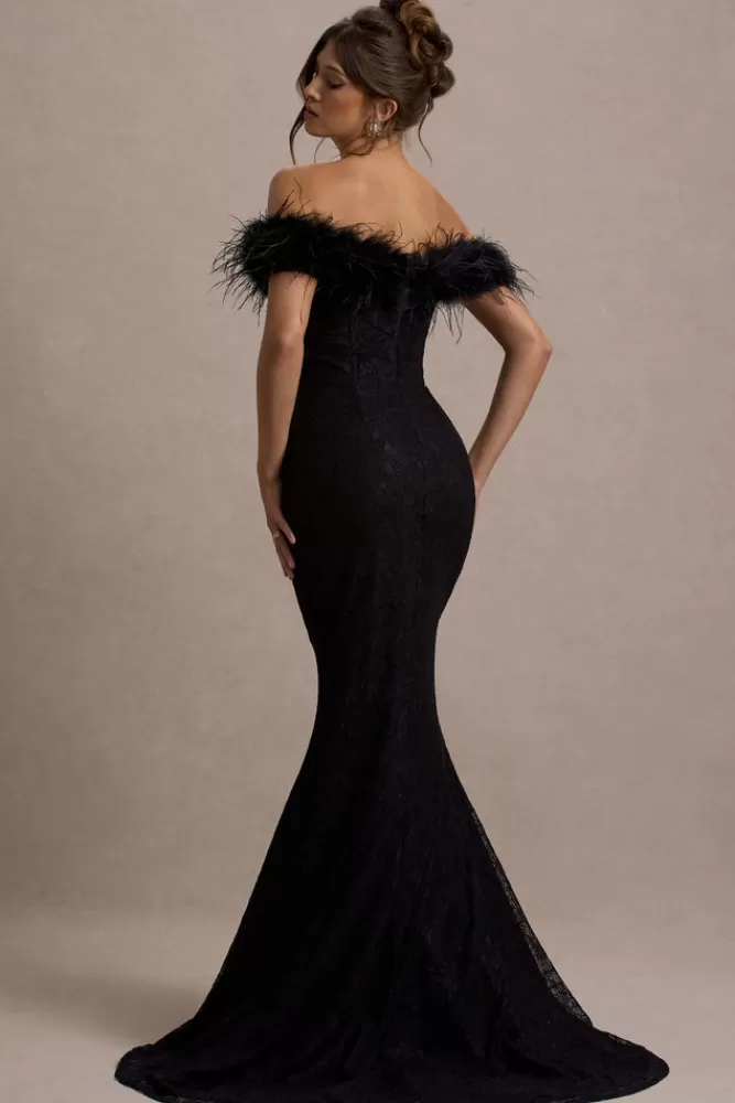 Club L London Idyll | Lace Bardot Feather Fishtail Maxi Dress BLACK Hot