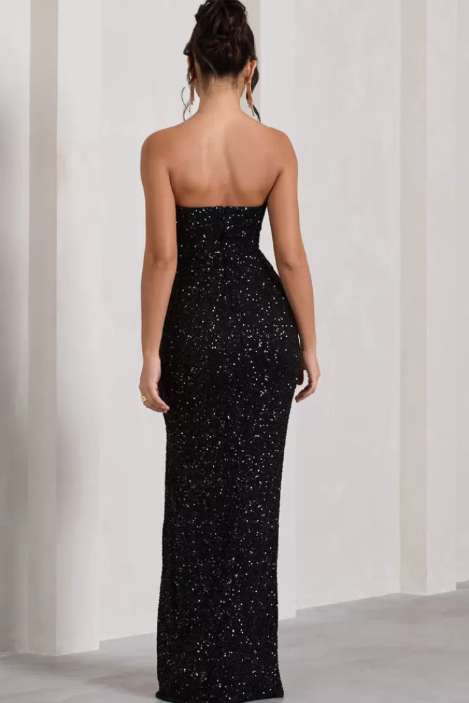 Club L London Illuminate | Sequin Bandeau Cut Out Split Maxi Dress BLACK Fashion