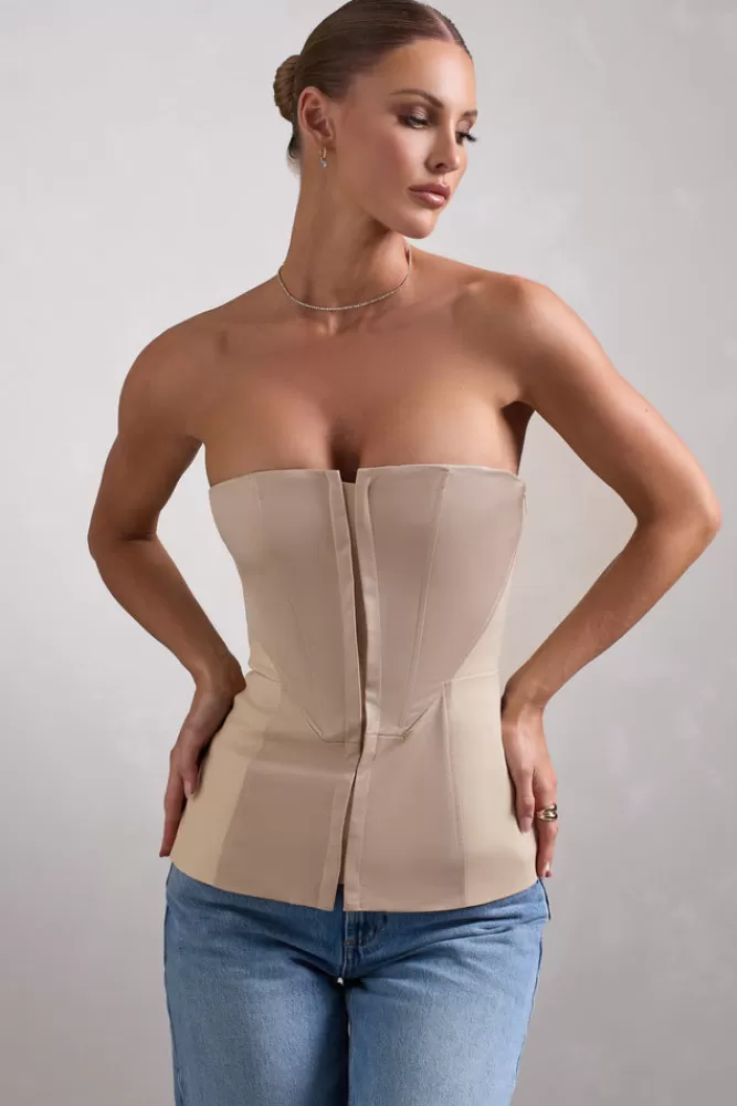 Club L London Illusive | Satin-Blend Strapless Panelled Corset Top STONE Cheap