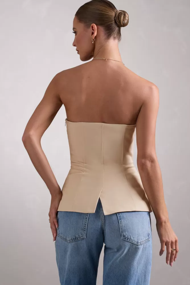 Club L London Illusive | Satin-Blend Strapless Panelled Corset Top STONE Cheap