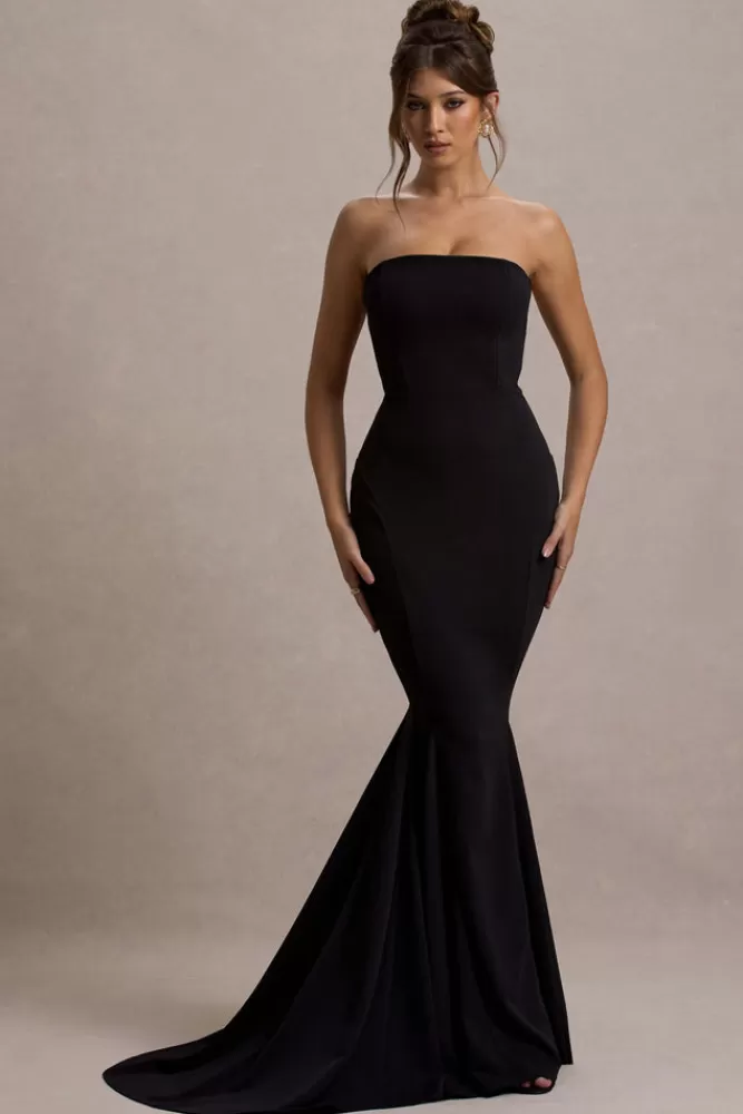 Club L London Impress Me | Strapless Bandeau Fishtail Maxi Dress BLACK Flash Sale