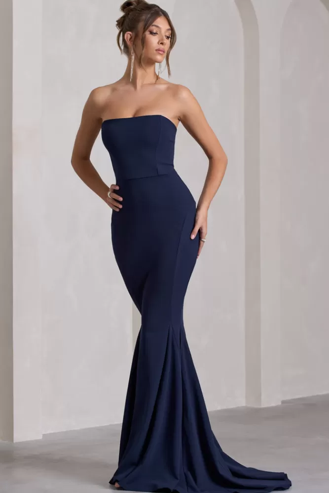 Club L London Impress Me | Strapless Bandeau Fishtail Maxi Dress NAVY Hot