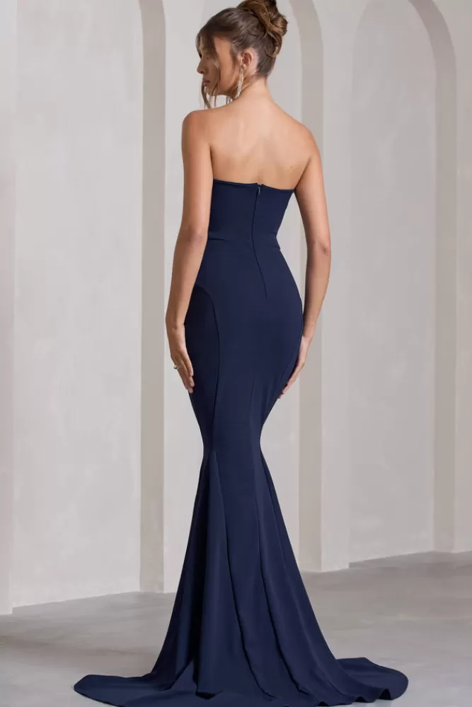 Club L London Impress Me | Strapless Bandeau Fishtail Maxi Dress NAVY Hot