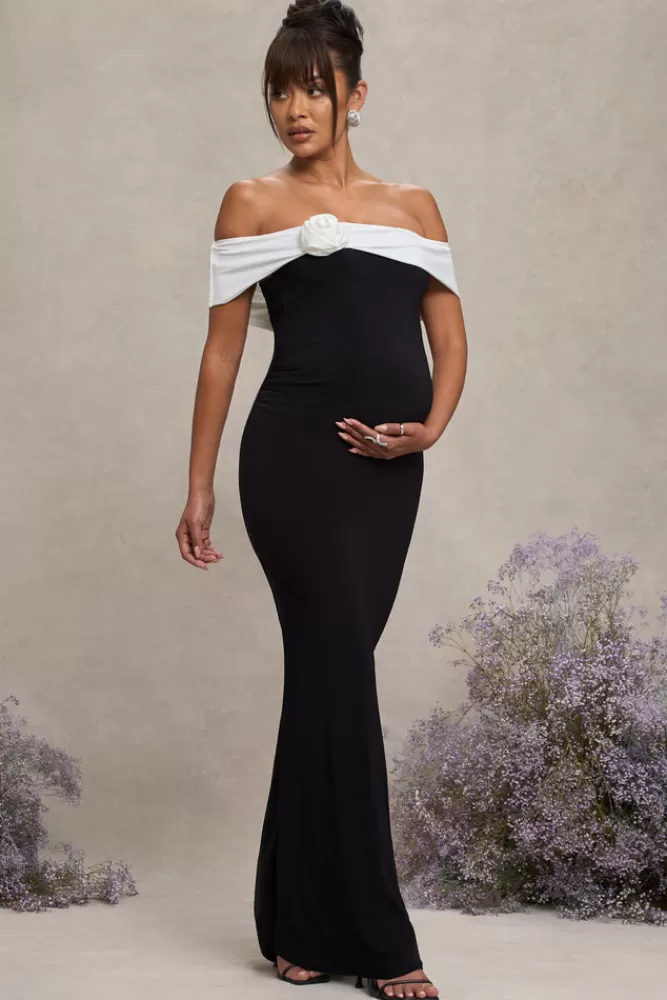 Club L London In Bloom | u0026 White Bardot Maternity Maxi Dress With Flower BLACK Cheap