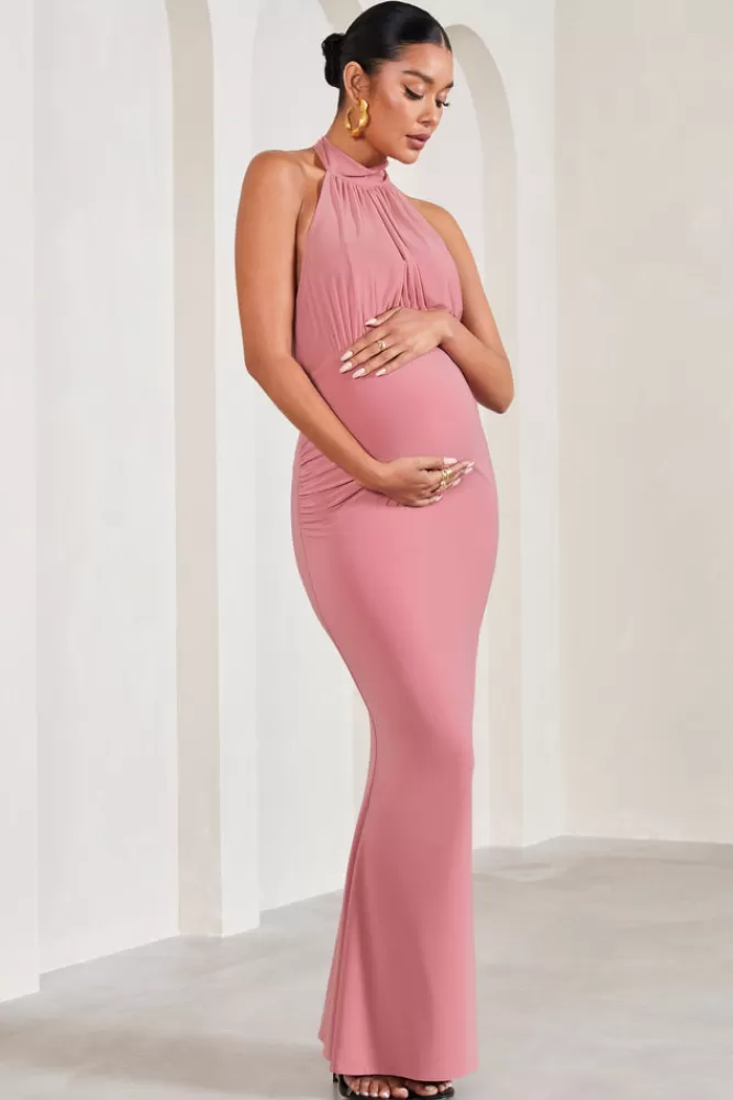 Club L London In My Heart | Blush Pink Mesh Halter-Neck Sleeveless Maternity Maxi Dress BLUSHPINK Clearance
