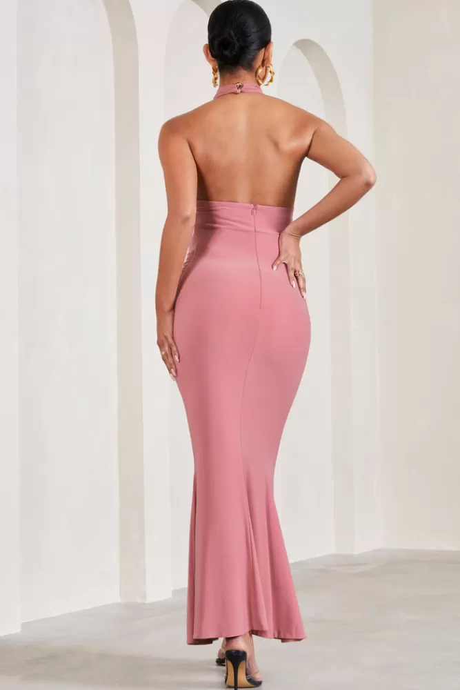 Club L London In My Heart | Blush Pink Mesh Halter-Neck Sleeveless Maternity Maxi Dress BLUSHPINK Clearance