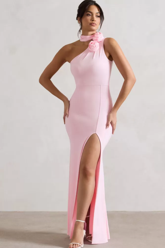 Club L London In Suspense | Pink One Shoulder Halter-Neck Split Maxi Dress With Flower PINKTULLE Cheap