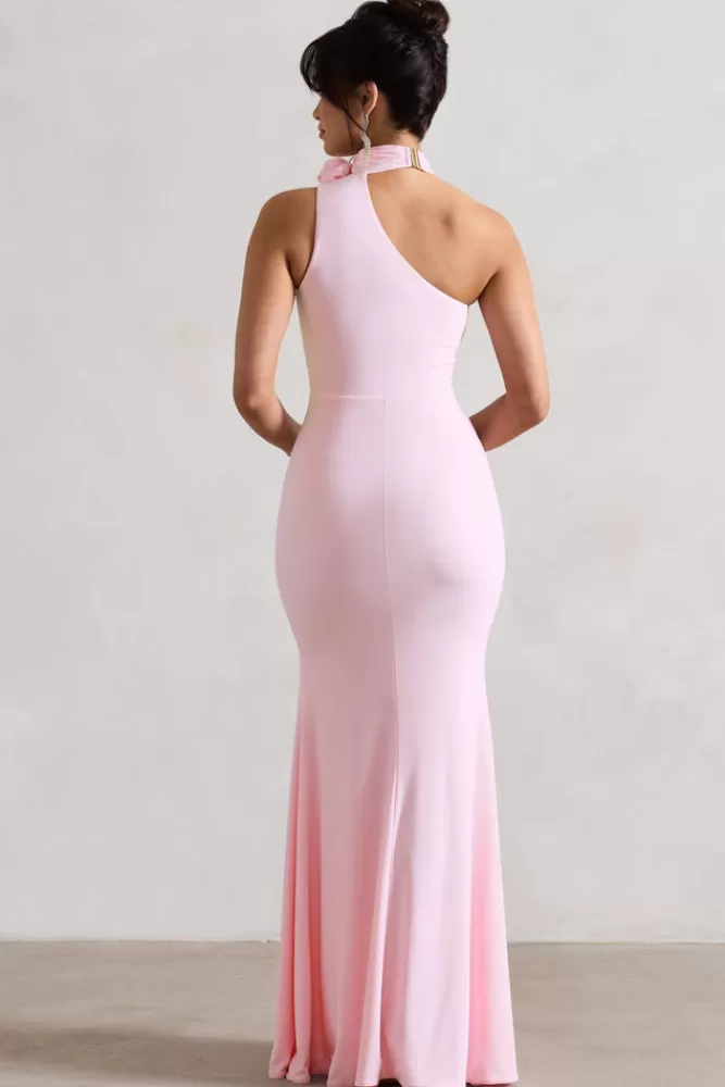 Club L London In Suspense | Pink One Shoulder Halter-Neck Split Maxi Dress With Flower PINKTULLE Cheap