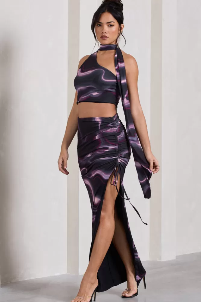 Club L London In The Air | Black ed Ruched Asymmetric High-Waisted Maxi Skirt PRINT Best
