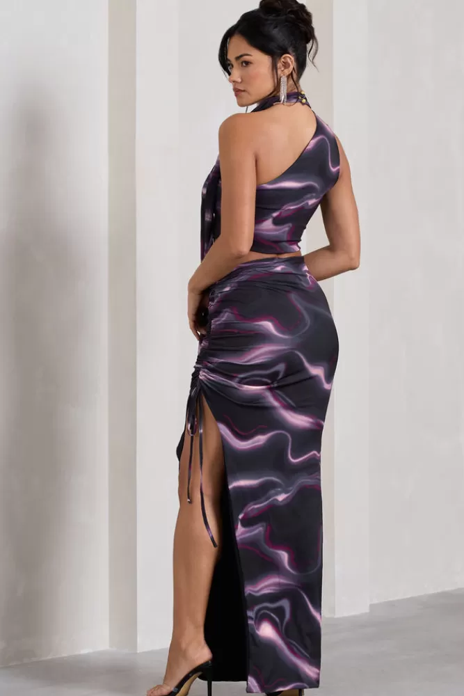 Club L London In The Air | Black ed Ruched Asymmetric High-Waisted Maxi Skirt PRINT Best