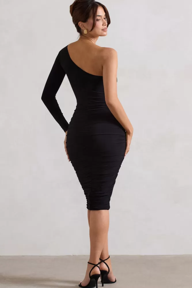 Club L London In The Shadows | One Shoulder Midi Dress With Ruching Black Flash Sale