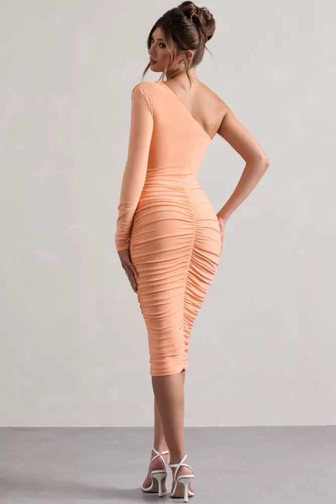 Club L London In The Shadows | One Sleeve Midi Dress With Ruching CORAL Cheap