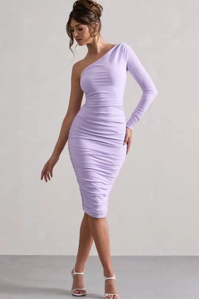 Club L London In The Shadows | Lilac One Sleeve Midi Dress With Ruching PASTELLILAC New