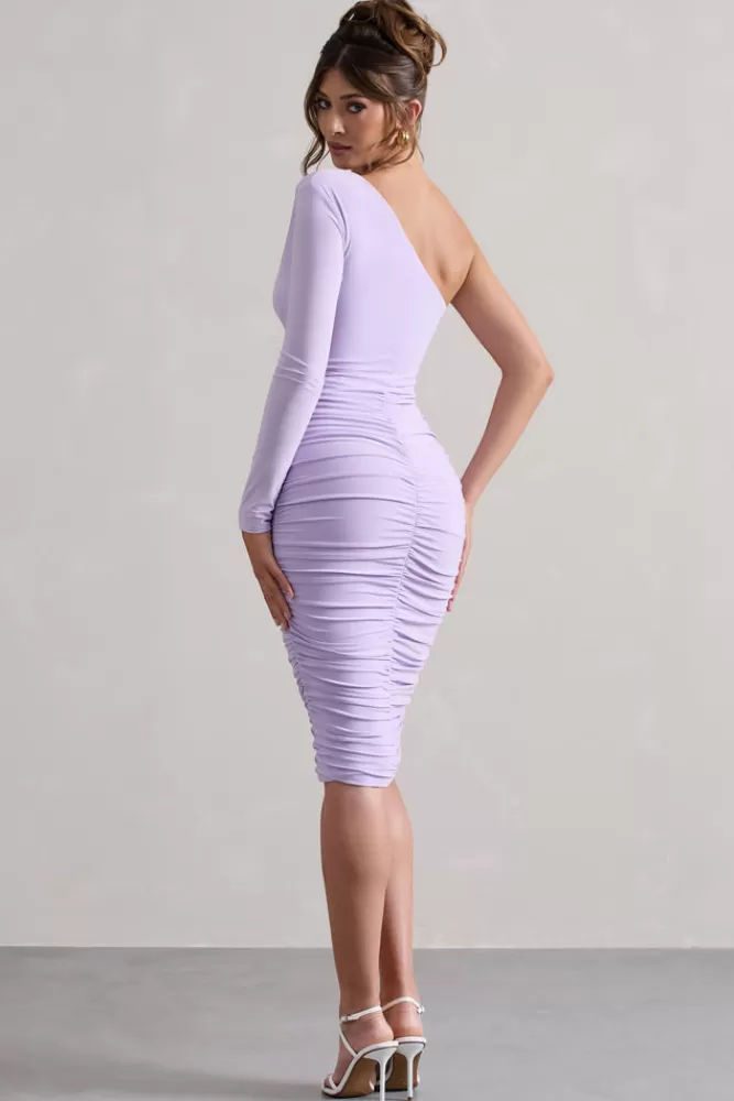 Club L London In The Shadows | Lilac One Sleeve Midi Dress With Ruching PASTELLILAC New