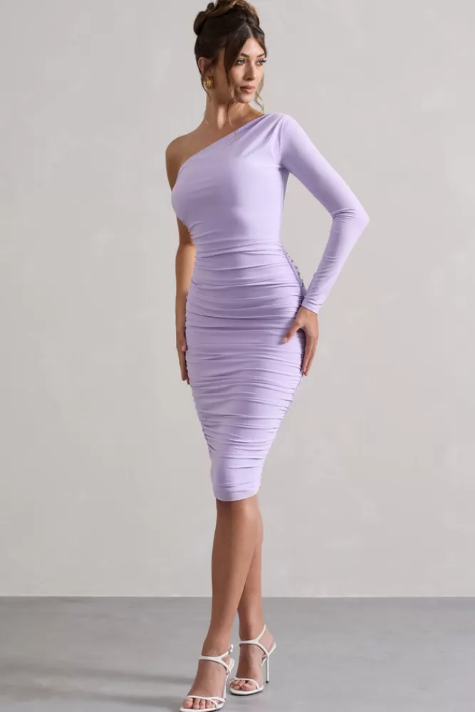 Club L London In The Shadows | Lilac One Sleeve Midi Dress With Ruching PASTELLILAC New