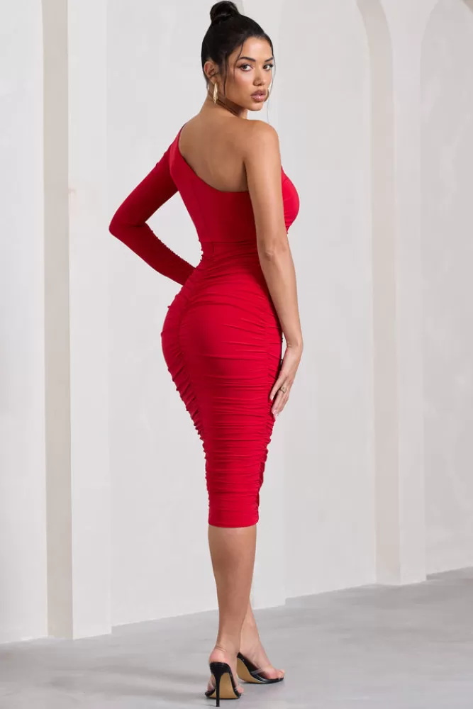 Club L London In The Shadows | One Sleeve Midi Dress With Ruching RED Hot