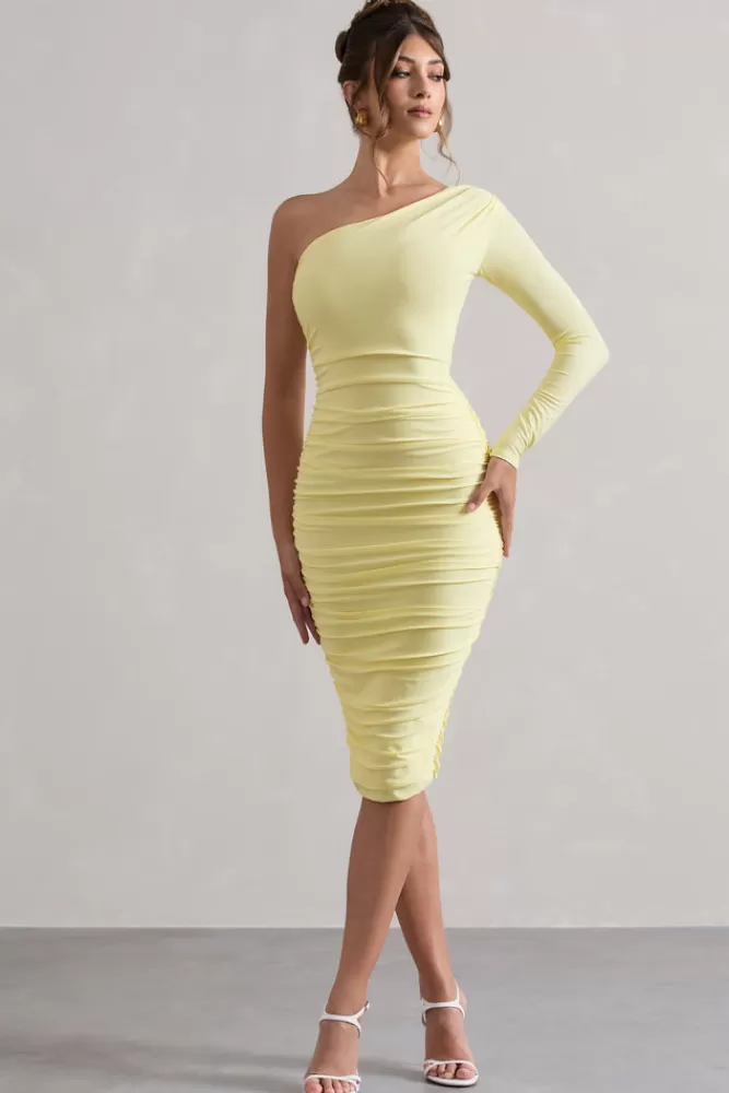 Club L London In The Shadows | Yellow One Sleeve Midi Dress With Ruching DUCKLING Flash Sale