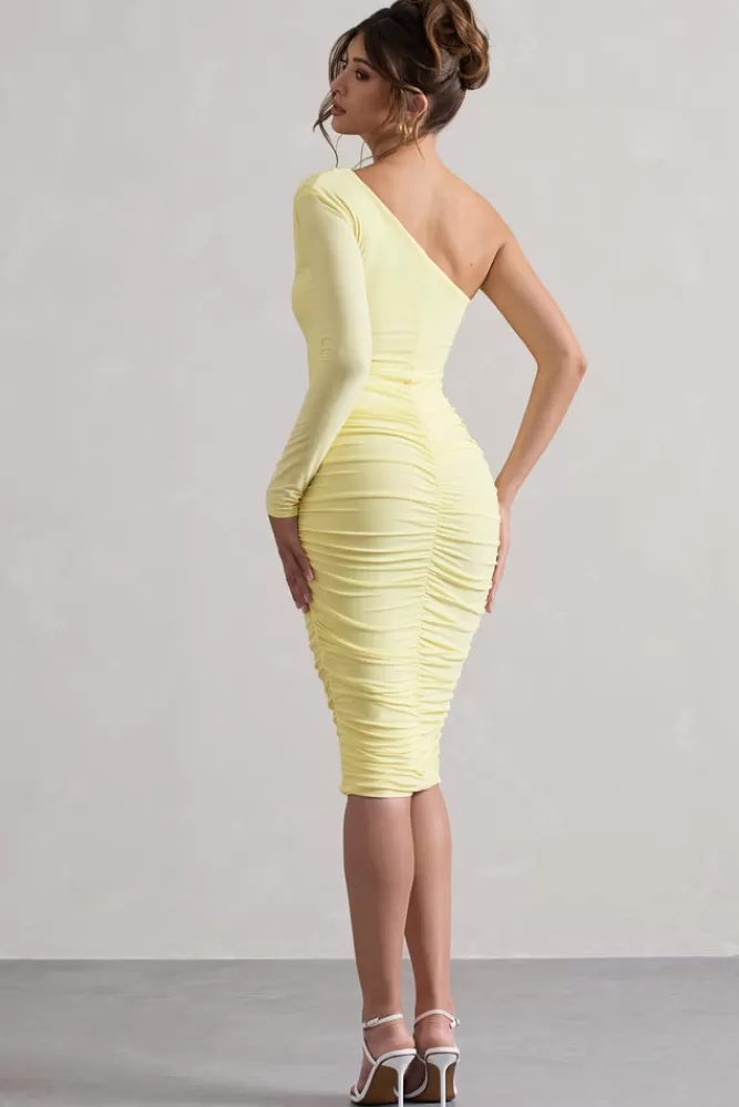 Club L London In The Shadows | Yellow One Sleeve Midi Dress With Ruching DUCKLING Flash Sale