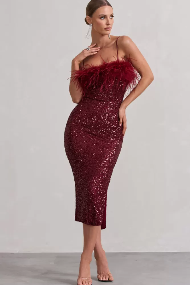 Club L London In Your Head | Sequin Strappy Midi Dress With Feathers PLUM Online