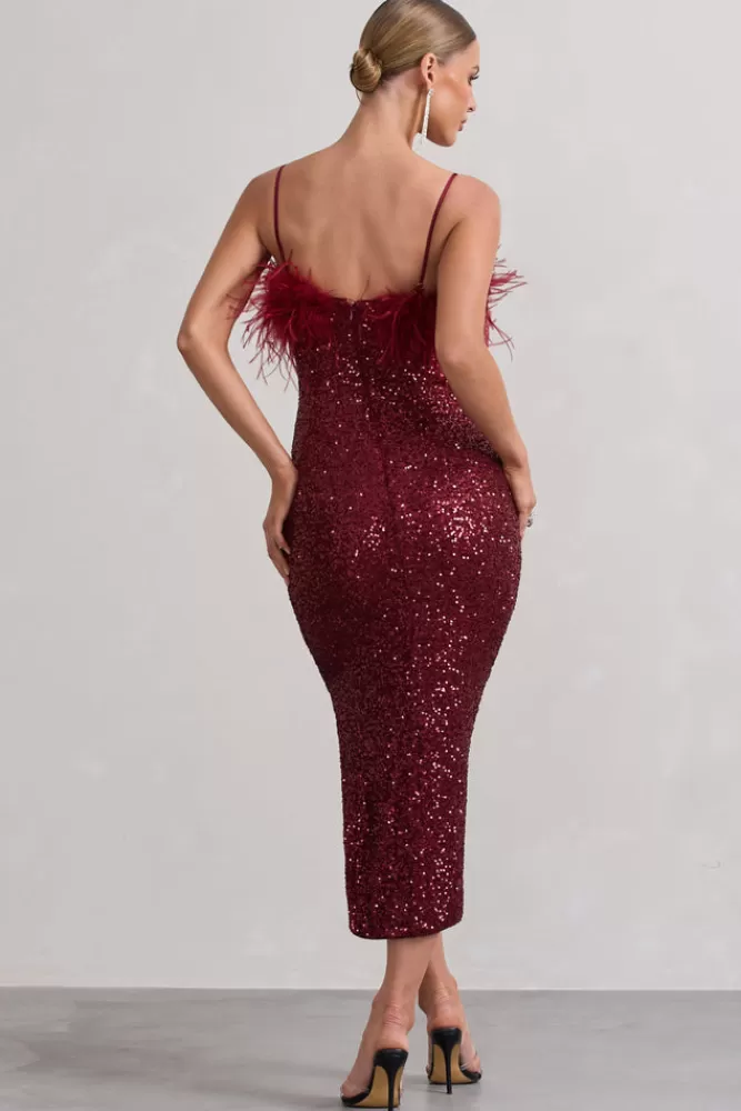 Club L London In Your Head | Sequin Strappy Midi Dress With Feathers PLUM Online