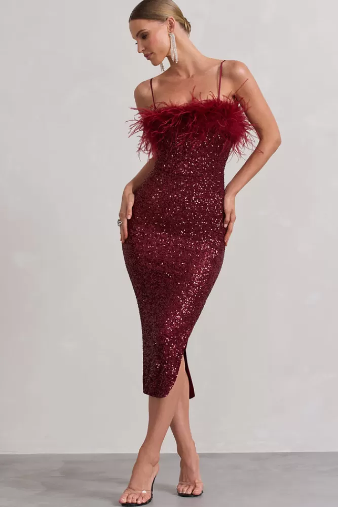 Club L London In Your Head | Sequin Strappy Midi Dress With Feathers PLUM Online