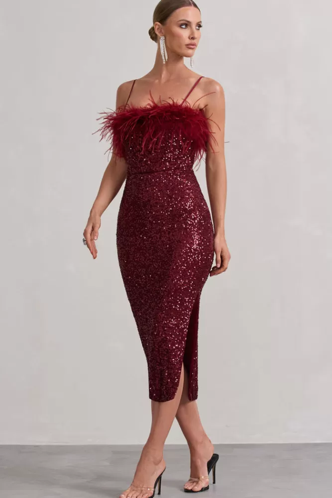 Club L London In Your Head | Sequin Strappy Midi Dress With Feathers PLUM Online