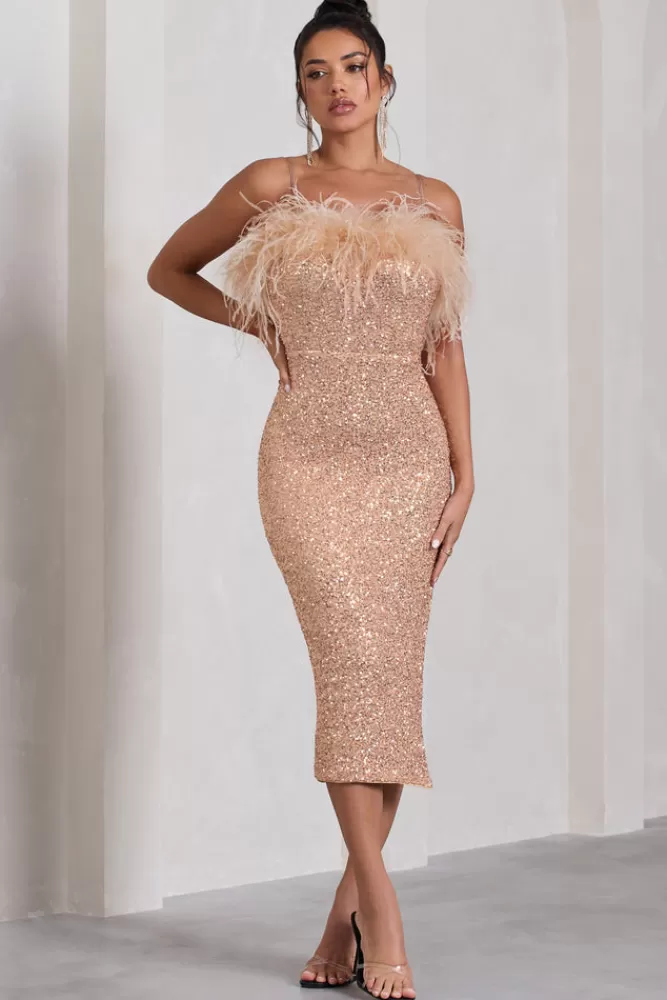 Club L London In Your Head | Rose Gold Sequin Strappy Midi Dress With Feathers ROSEGOLD Sale