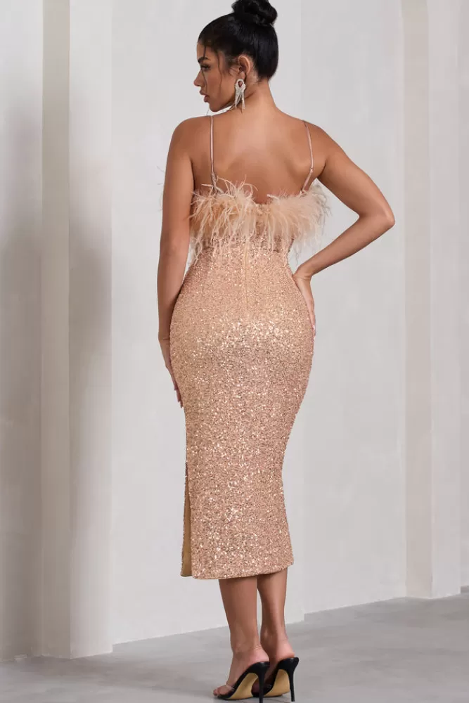 Club L London In Your Head | Rose Gold Sequin Strappy Midi Dress With Feathers ROSEGOLD Sale