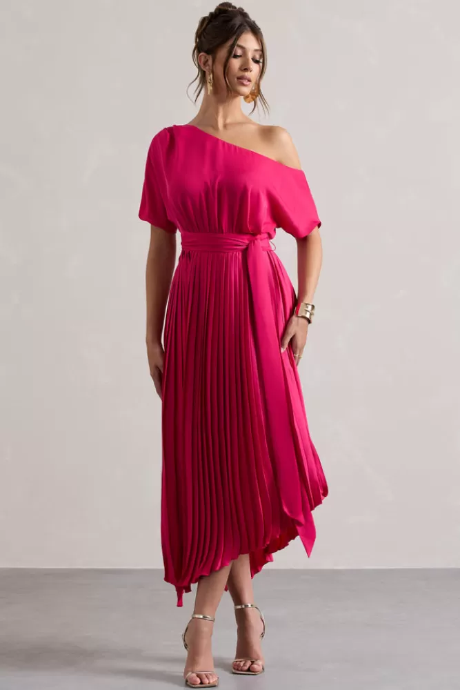 Club L London India | Hot Pink Satin Asymmetric Plisse Maxi Dress HOTPINK Clearance