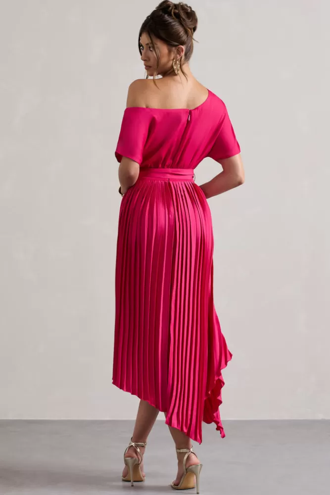 Club L London India | Hot Pink Satin Asymmetric Plisse Maxi Dress HOTPINK Clearance