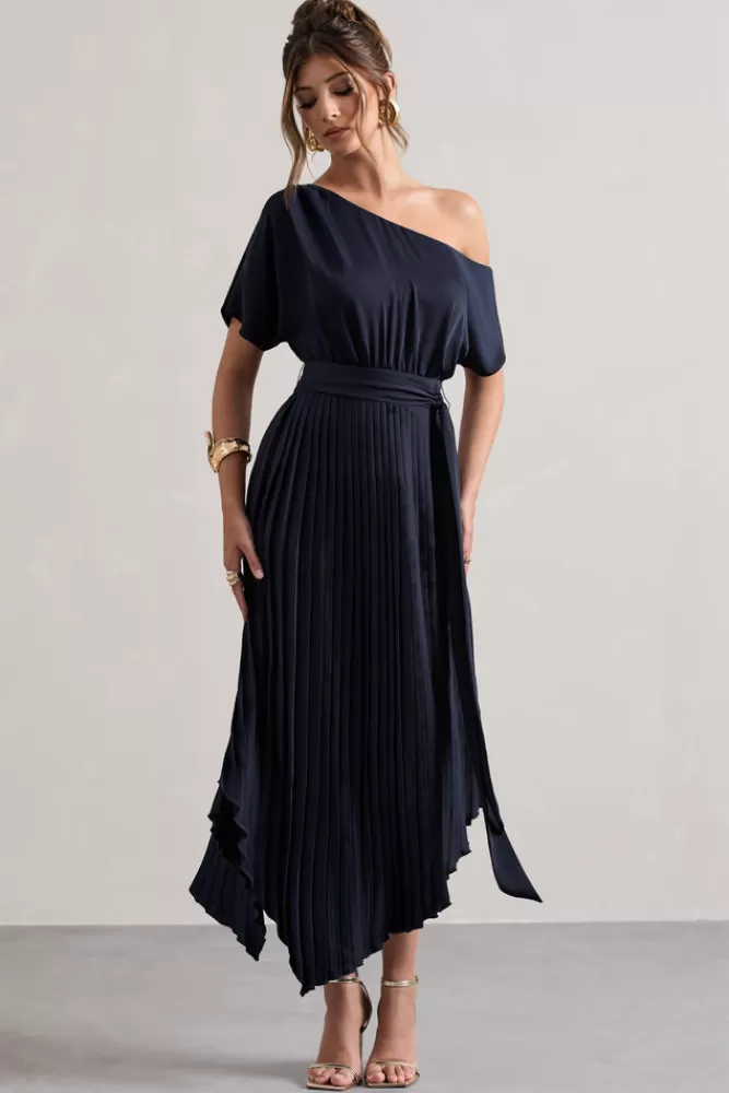 Club L London India | Satin Asymmetric Plisse Maxi Dress NAVY Cheap