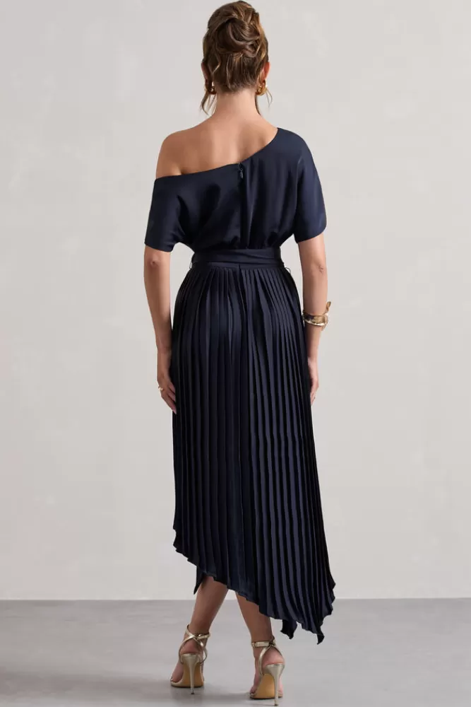 Club L London India | Satin Asymmetric Plisse Maxi Dress NAVY Cheap