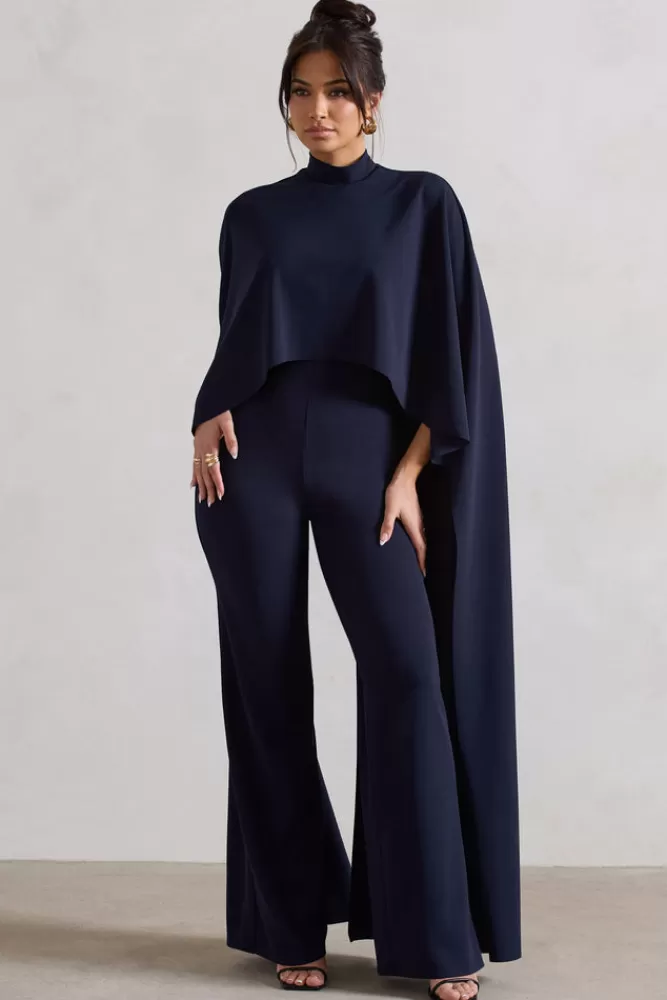 Club L London Indra | High-Neck Wide-Leg Cape Jumpsuit NAVY Outlet