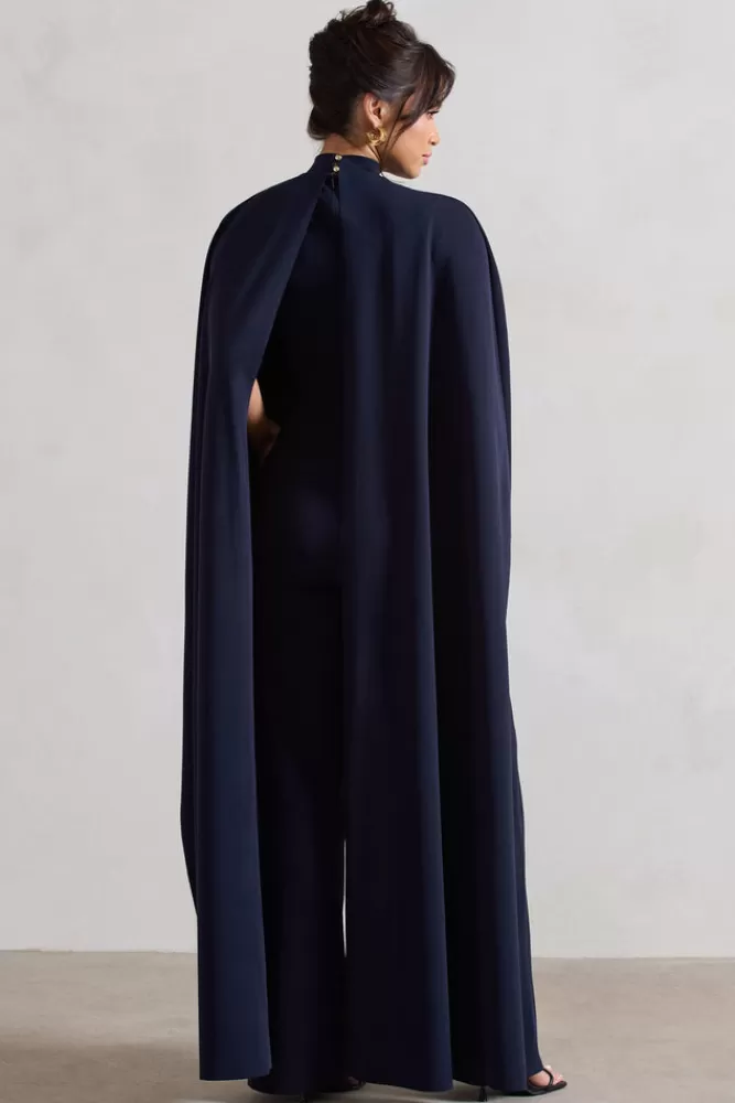 Club L London Indra | High-Neck Wide-Leg Cape Jumpsuit NAVY Outlet