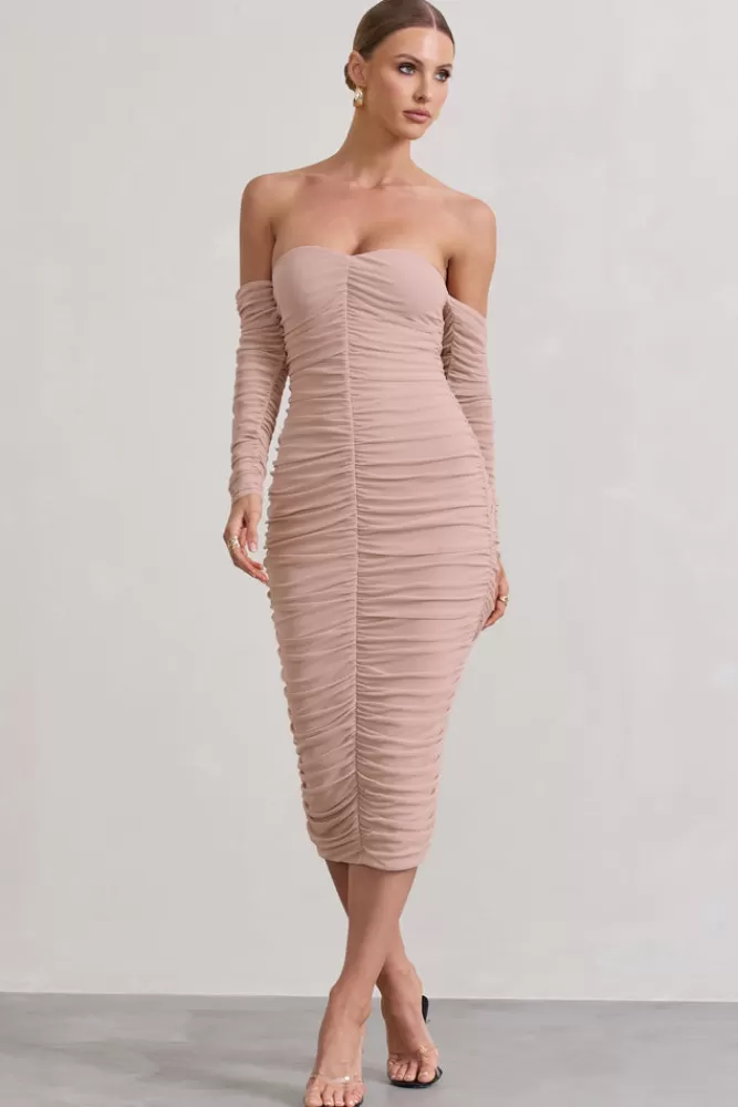 Club L London Indy | Ruched Strapless Long-Sleeve Midi Dress CHAMPAGNE Cheap