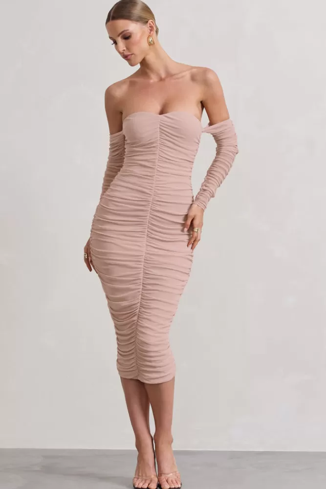 Club L London Indy | Ruched Strapless Long-Sleeve Midi Dress CHAMPAGNE Cheap