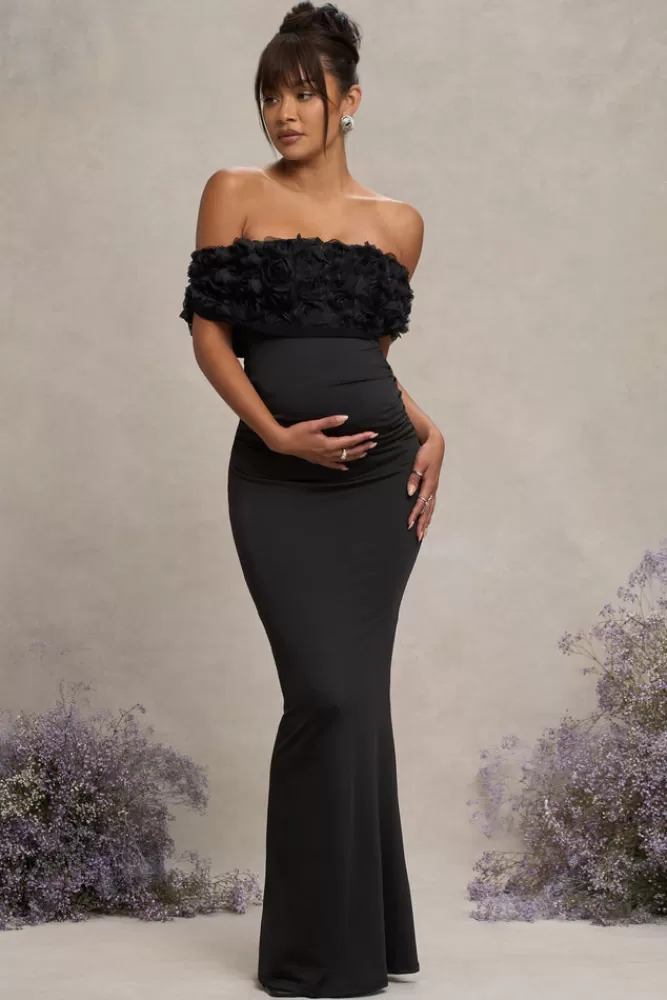 Club L London Inflorescence | Mesh Floral Bardot Maternity Maxi Dress BLACK New
