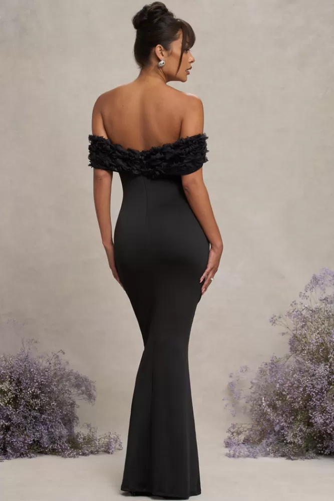 Club L London Inflorescence | Mesh Floral Bardot Maternity Maxi Dress BLACK New