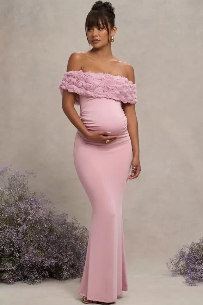 Club L London Inflorescence | Blush Pink Mesh Floral Bardot Maternity Maxi Dress BLUSHPINK Cheap