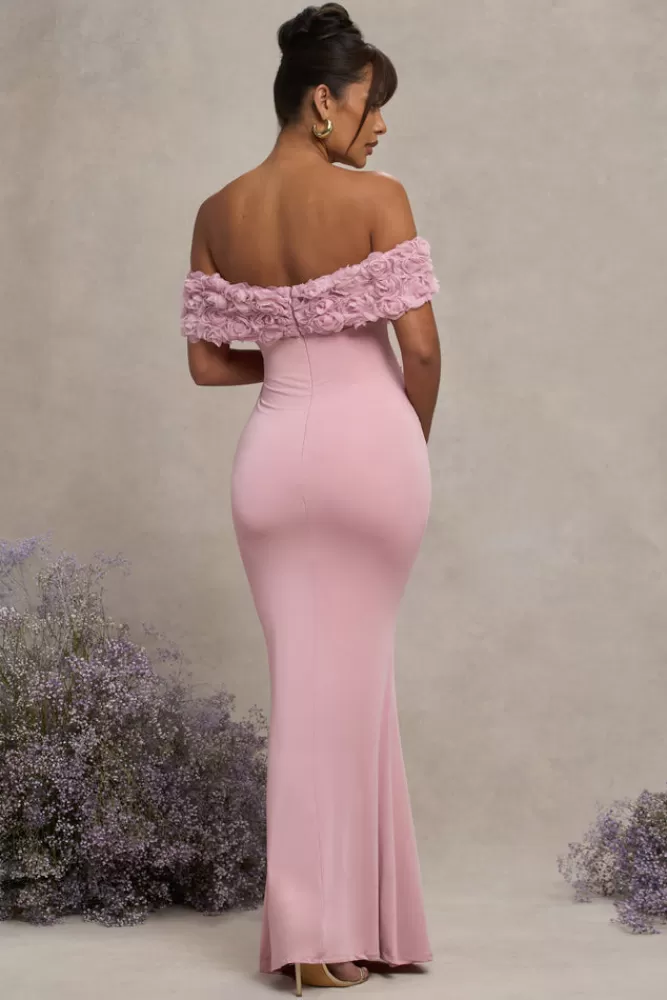Club L London Inflorescence | Blush Pink Mesh Floral Bardot Maternity Maxi Dress BLUSHPINK Cheap