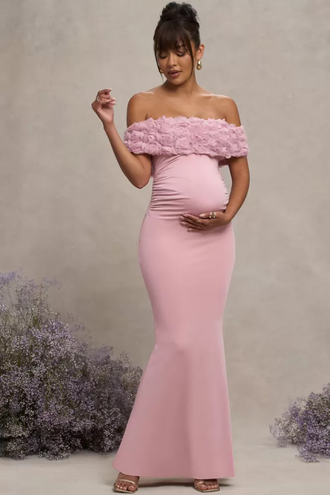 Club L London Inflorescence | Blush Pink Mesh Floral Bardot Maternity Maxi Dress BLUSHPINK Cheap