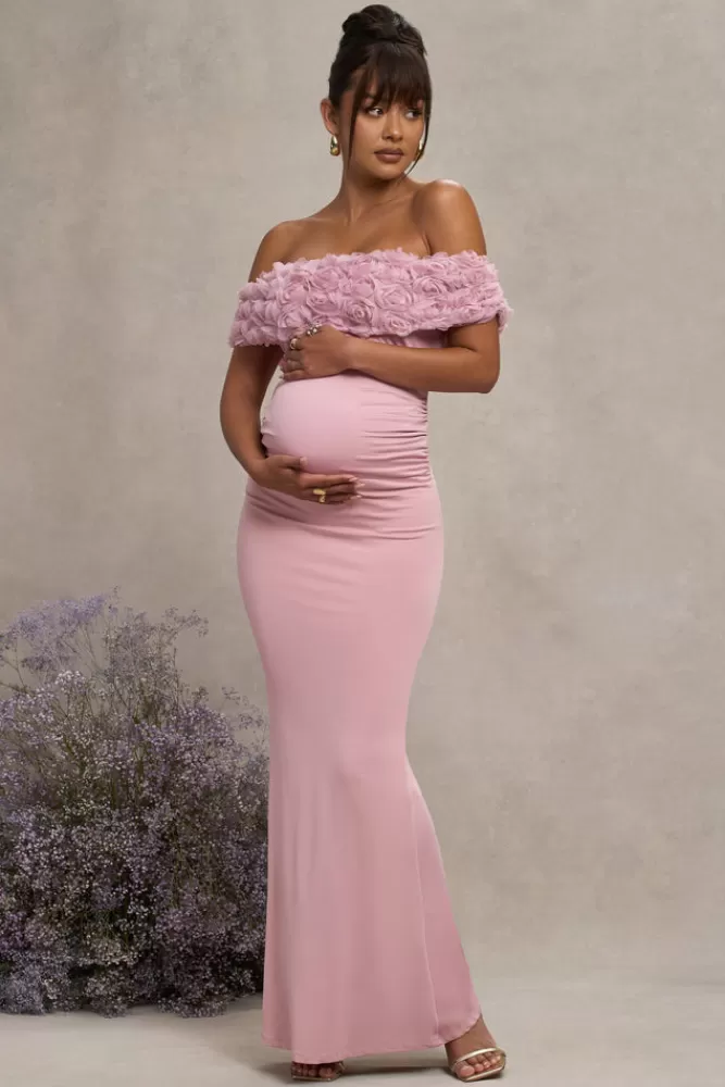 Club L London Inflorescence | Blush Pink Mesh Floral Bardot Maternity Maxi Dress BLUSHPINK Cheap