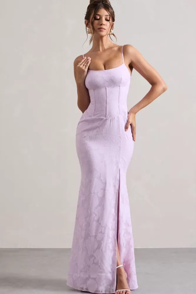 Club L London Intimacy | Lace Corset Split Maxi Dress LILAC Clearance