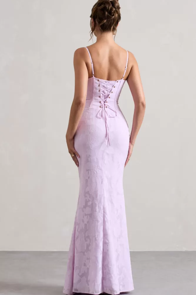 Club L London Intimacy | Lace Corset Split Maxi Dress LILAC Clearance