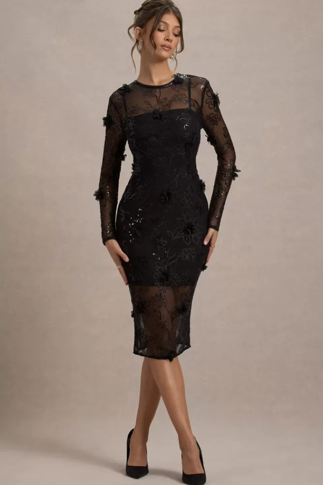 Club L London Intimate | Sequin Sheer Midi Dress With Flowers BLACK Cheap