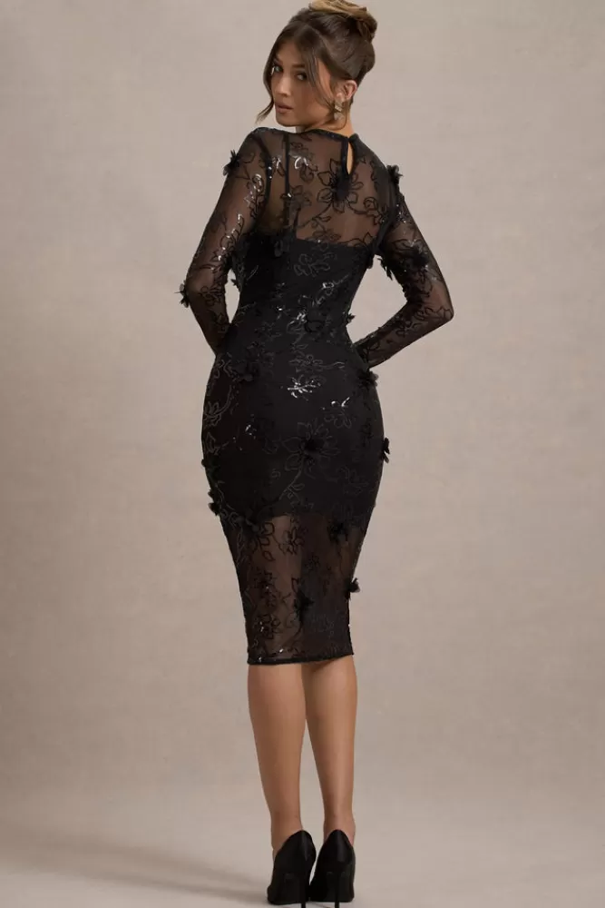 Club L London Intimate | Sequin Sheer Midi Dress With Flowers BLACK Cheap