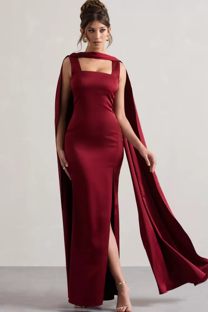 Club L London Intuition | Satin Square-Neck Split Maxi Dress With Scarf BURGUNDY Best Sale