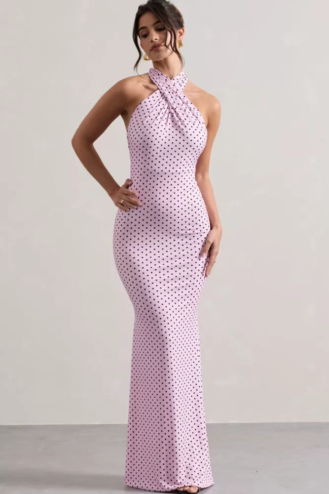 Club L London Invincible | Pink Polka Dot Cross Over Halter-Neck Open-Back Maxi Dress PINKPOLKA Best